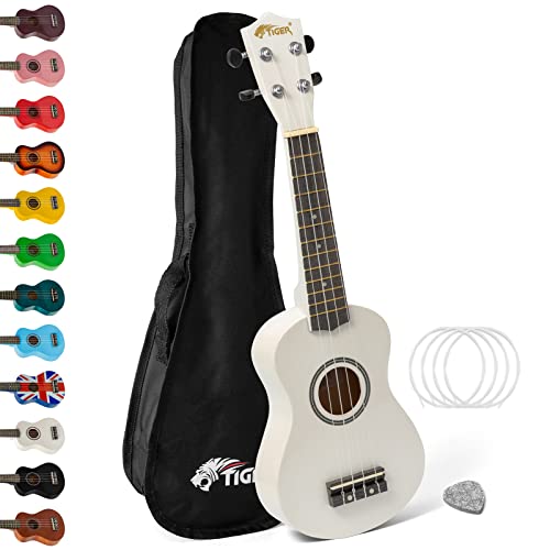 TIGER UK7- Ukulele für Anfänger enthält eine Gig Bag, ein Filzplektrum, einen Satz Ersatzseiten mit Aquila Saiten - Weiß