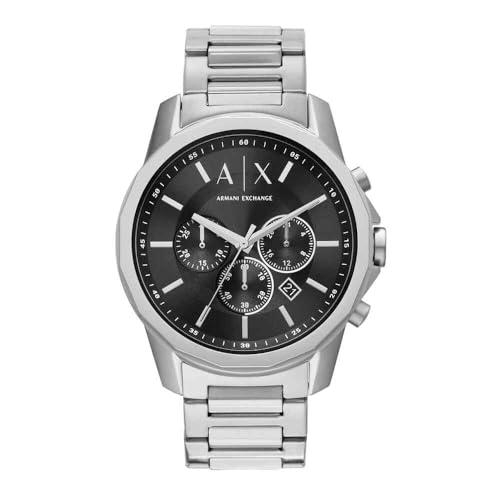 Armani Exchange Silver Tone Watch for Men, Quarz-Chronographenwerk und 44mm Gehäusegröße mit Edelstahlarmband, Silberton und Schwarz