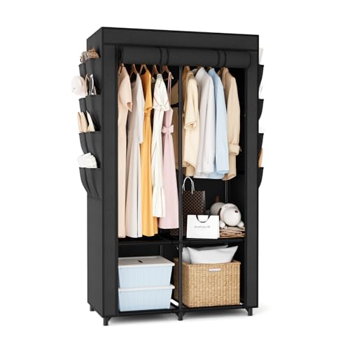 VGOBLO Stoffschrank, Kleiderschrank Stoff mit 2 Kleiderstangen, Schwarz