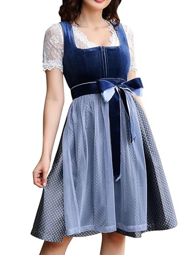 KOJOOIN Dirndl Damen Trachtenkleid Kurz Set Dirndl-Komplettset Midi 3tlg. für Oktoberfest inkl. Kleid, Bluse, Schürze (Verpackung MEHRWEG),Bluishgrey,34