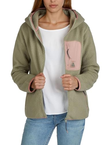 DENIMFY Fleecejacke Damen Regular Fit DFLea Teddyfleece Kapuzenjacke Winterjacke Übergangsjacke Stehkragen, Größe:M, Farben:Washed Olive (52314)