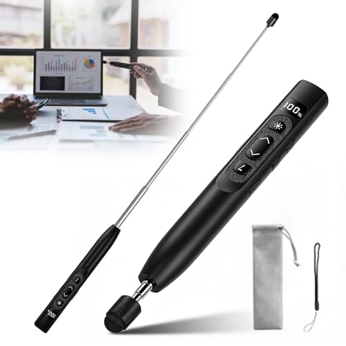Presenter mit Laserpointer: Präsentationsfernbedienung mit Zeigestab Ausziehbar und USB-Empfänger, Leistung anzeigen, Wireless Presenter für PowerPoint für Klassenzimmer Hörsaal Büro(Schwarz)