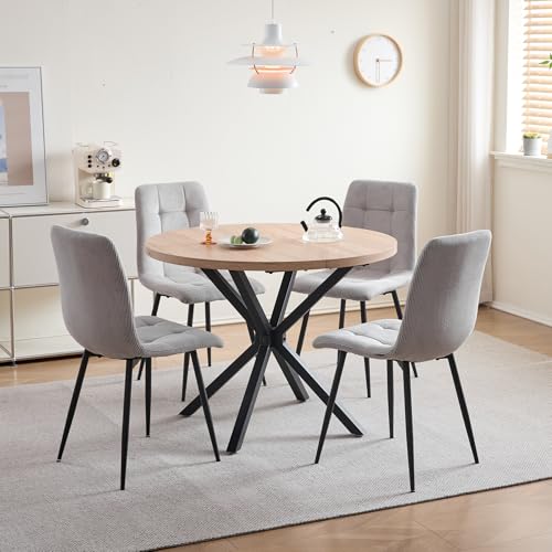 DEYARNA HOME Essgruppe 5-Teilig, 100cm Runder Esstisch und 4 Esszimmerstühle (Cord), Tisch und 4 Stühle für Küche, Wohnzimmer, Balkon, Restaurant, Büro (Helle Holzfarbe+Grau (Cord))