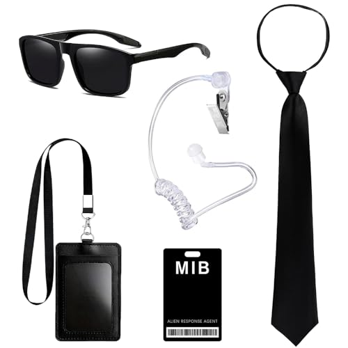 GDLOKFU Agent Kostüm Zubehör, Geheimdienst Kostüm Set, Spion Verkleidung mit schwarzer Sonnenbrille, Zip-Krawatte, Hörer, ID-Karte & Kartenhalter für Herren Damen, Karneval Fasching Mottoparty