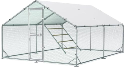 Sannwsg Großer Hühnerstall aus Metall 3x4x2m mit Dachabdeckung Hühnergehege für Garten Wetterfestes Freilaufgehege für 10 bis 20 Hühner mit 12 m² Zubehör und Sitzleiter