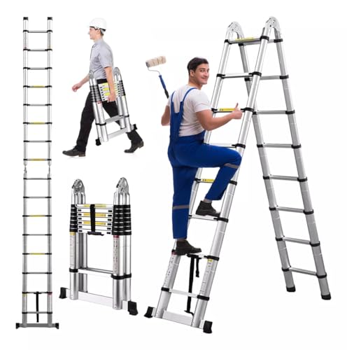 5 m Lange Teleskopleiter, Doppelzweck, Metall, leichte Teleskopleiter mit Stabilisator, kompakte Trittleiter, 150 kg Tragkraft (2,5 m + 2,5 m)