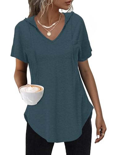 WNEEDU Hoodie Damen Sommer Kurzarm Kapuzenpullover T Shirt V Ausschnitt