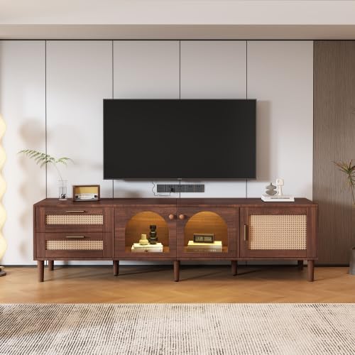 Merax TV Schrank 180 cm mit LED-Beleuchtung, Lowboard mit Rattan-Türen und Glastüren, TV Board für Wohnzimmer, geeignet für Fernseher bis 80 Zoll