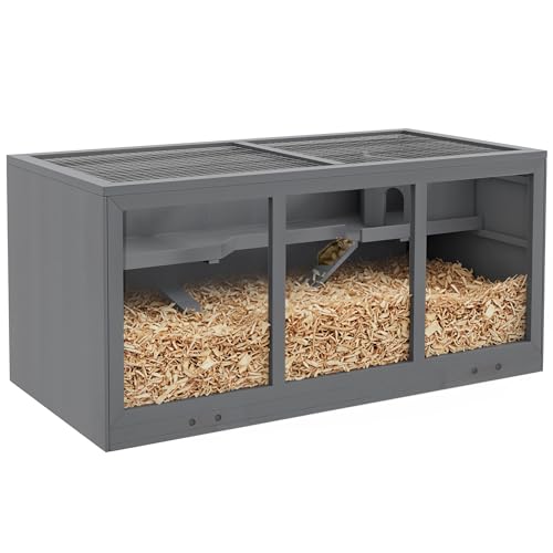 PawHut Hamsterkäfig aus Holz 3 Etagen Nagerkäfig mit reinigbar Ablage Kleintierkäfig mit klappbarem Deckel Treppen Holzkäfig Käfig für Hamster Zwerghamster 115 x 57 x 55 cm Grau