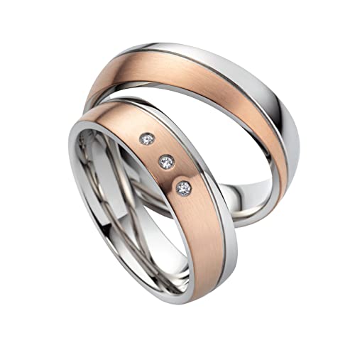 Schmuck Depot Paar Eheringe Partnerringe Verlobungsringe Edelstahl mit Zirkonia + Gravur Antragsringe Trauringe Eheringe silber rosé | 8012