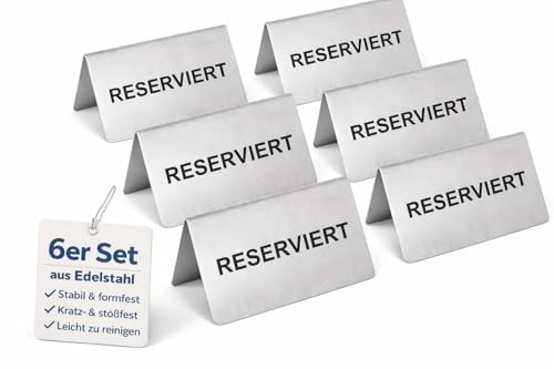 getgastro 6-er Reserviert Schilder Gastronomie – Edelstahl rostfrei – kratzfeste Oberfläche – lange Lebensdauer – klassisches Design - Tischaufsteller für Restaurant, Hotel oder Events – 10x5cm