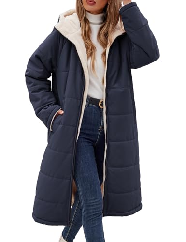 Tuopuda Winterjacke Damen Lang Warm Winter Stehkrage Teddyjacke Wasserdicht Reversibel Sherpa Daunenjacke Winddichter Daunenmantel Parka Pufferjacken Herbst Winter Geschenk für Frauen, Marine, S