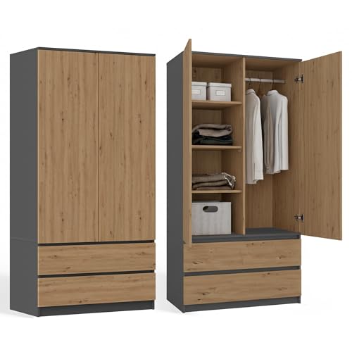 CDF Kleiderschrank 90 cm Breit Kinderkleiderschrank Zweitüriger Kleiderschrank 2 Schubladen 3 Regalen Einer Kleiderstange Schlafzimmer Laminierte Platte 16mm Mehrzweckschrank Eiche Artisan / Anthrazit