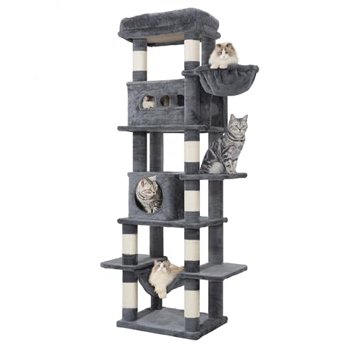 Hzuaneri Kratzbaum groß, 170 cm hoch, Katzenbaum, mit 8 Kratzbäume, 2 Höhlen, groß Plattformen, Waschbare Matte, Hängematte, Plüschbälle, mehrstöckiger katzenkratzbaum, Dunkelgrau MS17018SG