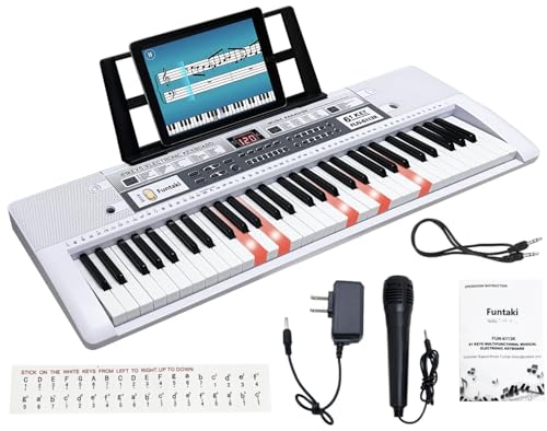 Funtaki Tragbares 61-Keys Digitales Klavier, elektronisches Klavier mit beleuchteten Tasten und Musikständer, Mini-Keyboard für Kinder und Erwachsene, digitale Tastaturen Weiß