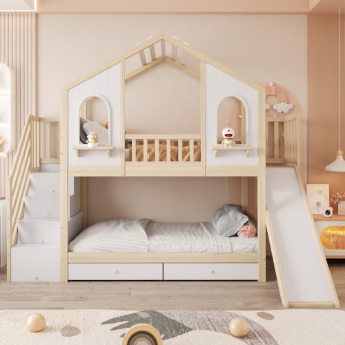 Etagenbett Kinderbett 90x200, Hausbett Hochbett mit Rutsche&Aufbewahrungsleiter&2 Schubladen&Fenstern&Dach, Stockbett Doppelbett Holzbett mit Lattenrost&Rausfallschutz, Kiefer,Ohne Matratze,Holzfarbe