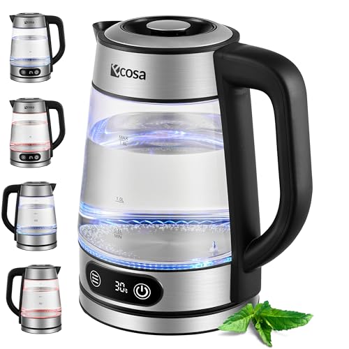 Ecosa® Glas Wasserkocher mit Temperatureinstellung 1,8 Liter 2.200 Watt Edelstahl mit Temperaturwahl Teekocher 100% BPA FREI Warmhaltefunktion LED Beleuchtung Memory-Funktion