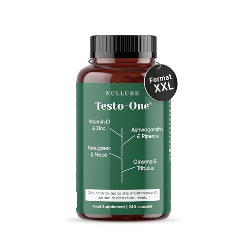 Nullure Testo-One Testosteron¹ Kapseln | Vegan & Ohne Magnesiumstearat | Unabhängig getestet in Deutschland | Ashwagandha + Maca + Tribulus + Bockshornklee + Ginseng + Zink | 240 Stück (4 Monate)