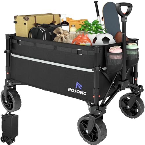 ROSONG Bollerwagen Faltbar mit Geländereifen Belastbarer Gerätewagen Klappbar Bollerwagen für Camping Garten & Strand Handwagen mit Reflektorstreifen, Schwarz 120L