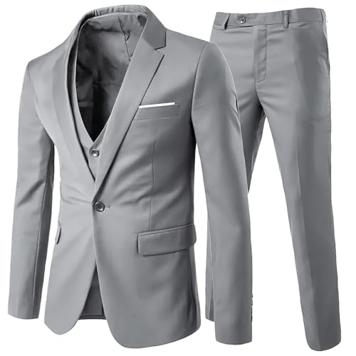 Allthemen Anzug Herren Slim Fit 3 Teilig Anzüge Herrenanzug Sakko für Hochzeit Business Hellgrau L
