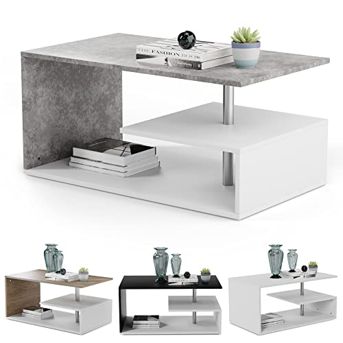 MIADOMODO® Couchtisch - 90x50 cm, mit Stauraum, Modern, Eckig, Asymmetrisch, Leicht, Lang, Niedrig, Weiß mit Betonoptik/Eichenoptik/Grau - Wohnzimmertisch, Sofatisch, Kaffeetisch (Weiß-Betonimitat)