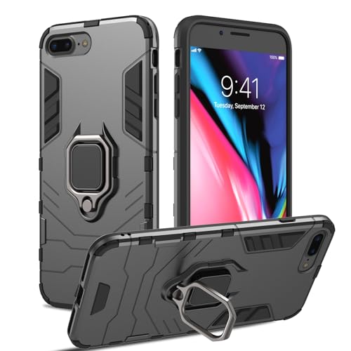 RIIMUHIR Hülle für iPhone 7Plus/8Plus, Panzerhülle mit 360° Metall Ring Ständer, Kratzfestes Stoßfest Hart Handyhülle, Armor Hülle mit Kameraschutz (Schwarz)
