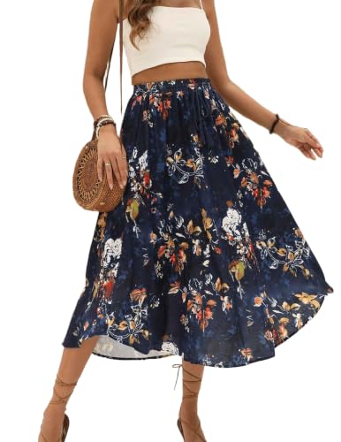 Zeagoo Midi Rock Damen Sommer Röcke Boho Blumen Sommerrock Hohe Taille Maxirock Mit Kordelzug Maxi Skirt Strandrock Freizeitrock Marineblau Druck L