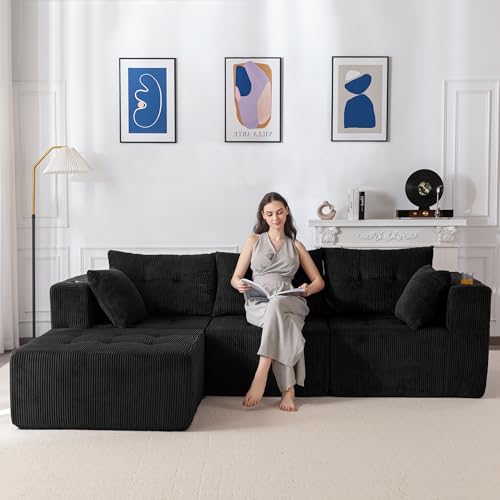 MAXYOYO Ecksofa Corduroy mit Becherhalter, Modulares Sofa umbaubar in L-Form und Doppel Schlafsofa, Boneless Couch 3 Sitzer für Wohnzimmer, Keine Montage Erforderlich