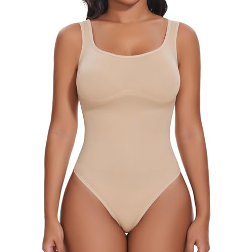 Joyshaper Shapewear Damen Tanga Body Square Neck Tank Bodys Bauchweg Miederbody Shaper Rückenfreier Thong Bodysuit Beige L