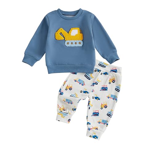 Baby Junge Outfit Bagger Druck Kleidung Set Langarm Sweatshirt + Hose Neugeborene Stickerei Pullover Hose Set Kleinkinder Herbst Winter Babykleidung (Blau, 2-3 Jahre)