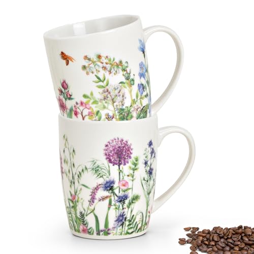 Tassen 2er Set mit Frühling Blumen Motiv - Schöne Porzellan Kaffeetassen in 300ml für Cappuccino Kaffee Tee - Außergewöhnliche Kaffeebecher spülmaschinenfest und mikrowellengeeignet als Geschenk