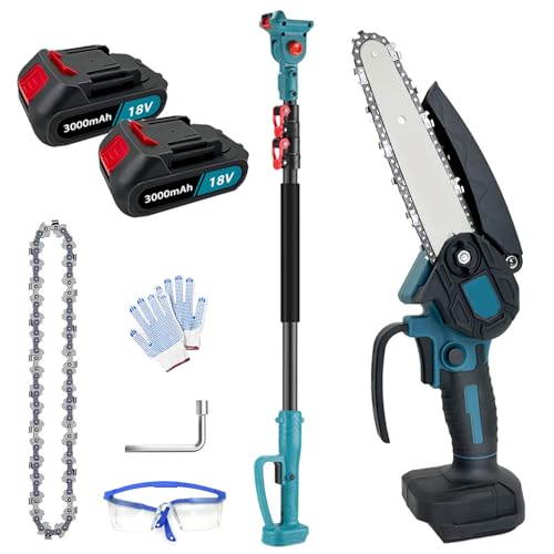 Mini Kettensäge mit 2pcs Akku 3000mAh Und Ladegerät, 6 Zoll Mini Kettensäge Elektro mit Teleskopstange 1,3-2,5m, Handkettensäge Akku für Gartenscheren Astschere Holzschneidenz