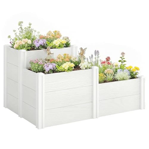 Outsunny Hochbeet 3-stufig Stapelbar Gartenbeet mit Offenem Boden, modulares Kräuterbeet DIY Montage Kunststoff Pflanzkasten Pflanzkübel für Garten Balkon 120 x 80 x 64 cm Weiß