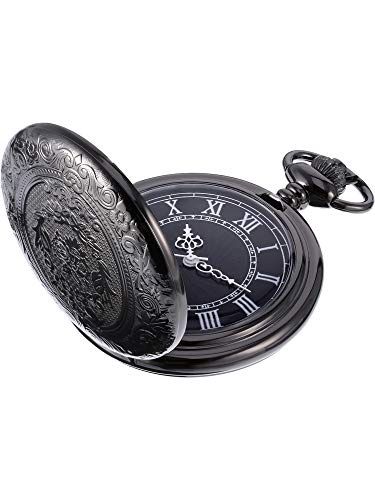 Herren Taschenuhr mit schwarzem Zifferblatt und Kette, Quarzwerk, Schwarz