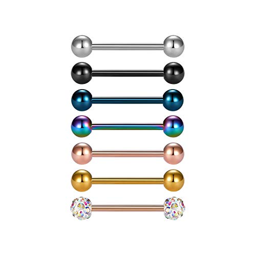 vcmart 7er Zungenpiercing Barbell Set aus 316L Chirurgenstahl 16mm