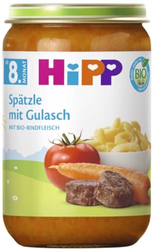 HiPP Spätzle mit Gulasch (6 x 220g), Menü ab 8. Monat, ohne Salzzusatz, mit Omega-3, in bester Bio-Qualität