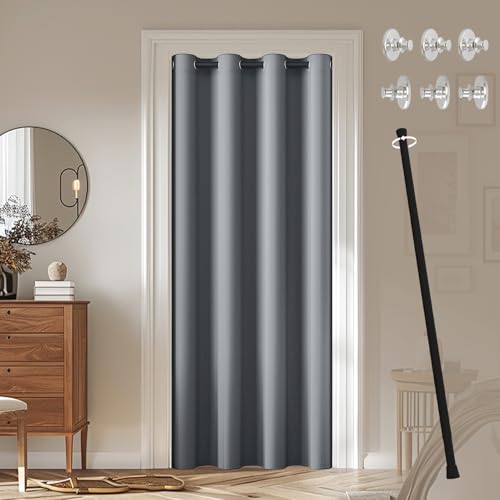 JCyh blickdichter Türvorhang mit Teleskopstange, einfache Montage ohne Bohren, 1 Stück Verdunkelungsvorhang Grau H 195 x B 132 cm für Zimmer tür, Stange Schwarz 70-125 cm