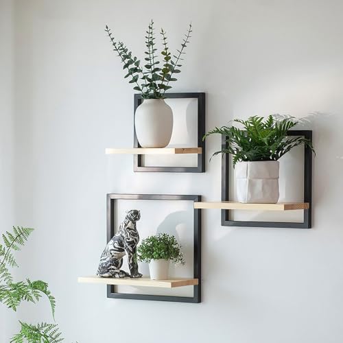 Walasis Schwarz Wandregal Metall für Wohnzimmer: 3er Set Quadratische Regal Wand Modern Wanddeko Regale für Wände Wandboard für Schlafzimmer Badezimmer Ecke