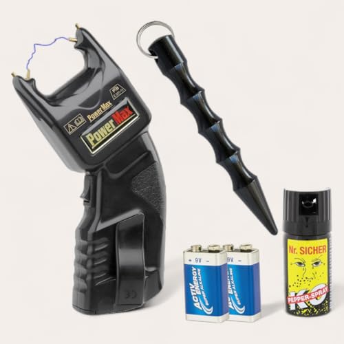 Elektroschocker Power Max 500.000 Volt + Pfefferspray + Kubotan + Batterien Set Selbstverteidigung