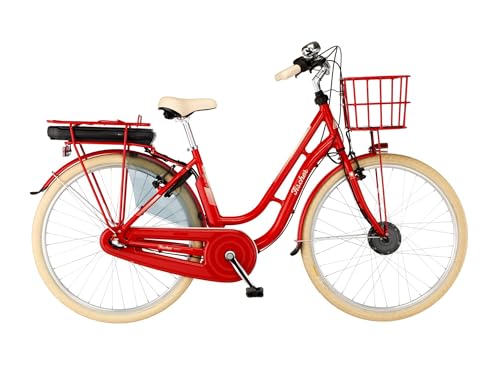 FISCHER E-Bike City CITA RETRO 2.0, Elektrofahrrad für Damen und Herren, RH 48 cm, Frontmotor 32 Nm, 36 V Akku, rot glänzend