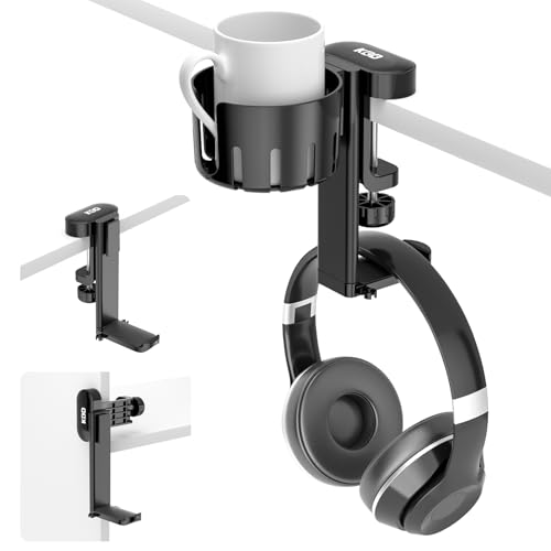 KDD 2-in-1 Headset Halterung Gaming mit Getränkehalter Tisch - Schwenkbar Kopfhörer Halter & Schreibtisch Kopfhörer Halterung für Kaffeetassen, Becher und Kopfhörer für Pc Gaming Zubehör(Schwarz)