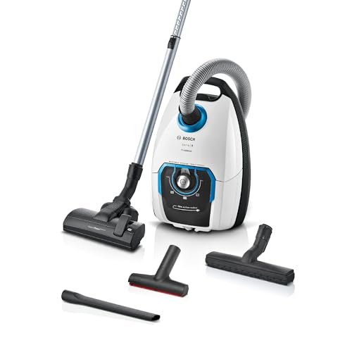 Bosch Staubsauger mit Beutel ProSilence Serie 8 BGB75XSIL, Bodenstaubsauger, ideal für Allergiker, Hygiene-Filter, 10 Jahre Motorgarantie, Hartbodendüse, langes Kabel, Made in Germany, 650 W, weiß