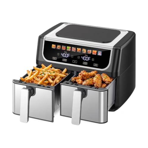 Luftfritteuse mit Doppelkorb, 9,5 QT, 10 in 1 Luftfritteuse mit 2 unabhängigen 4,75 QT Körben, passende Synchronisations- und Kochfläche, Temperaturregelung von 50 bis 400 ° F
