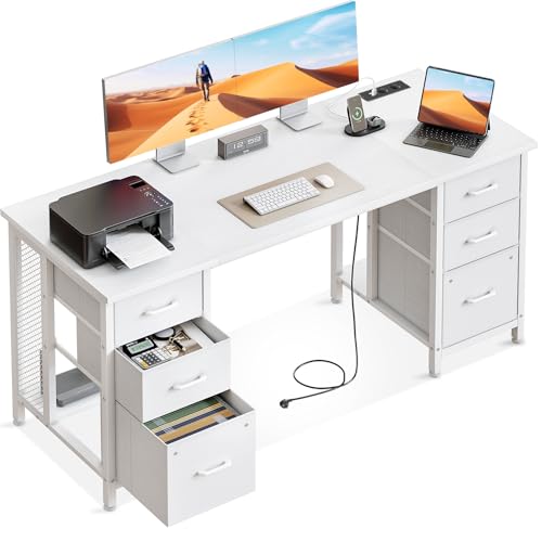 Coleshome Schreibtisch mit 6 Schubladen, 160x52 cm Computertisch 2 Steckdosen und 2 USB-Ladeanschlüsse, Schreibtisch Weiß mit Ablageflächen für Home Office