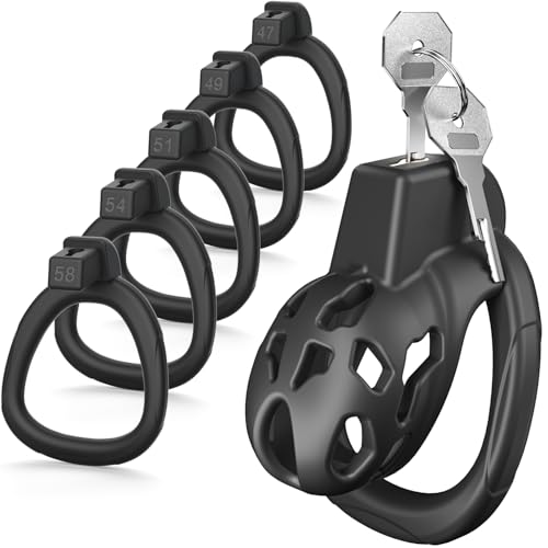 Yivans Harz Keuschheitskäfig Sex Spielzeug für die Männer Keuschheitsgürtel Cock Cage mit 5 Penisringe, SM Fetisch Extrem Penis Bondage Hohldesign Atmungsaktiv Peniskäfig(Schwarz - XS)