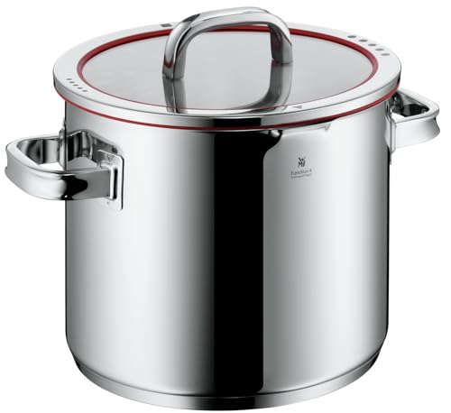 WMF Function 4 Gemüse- Suppentopf Induktion 24cm, Glasdeckel, Kochtopf groß 8,8l, Cromargan Edelstahl poliert, 4 Abgießfunktionen, Innenskalierung, Nudeltopf rot