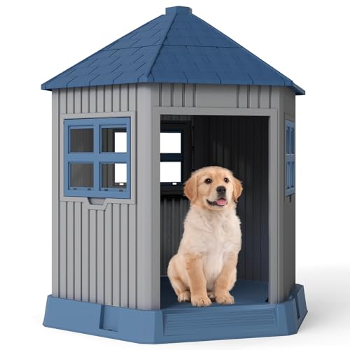 FANTASK Hundehütte Outdoor, Hundehaus Winterfest mit großer Tür & 2 Fenstern aus PP, scheunenförmig, Outdoor Hundehütte für mittelgroße bis große Hunde & Katzen, Grau