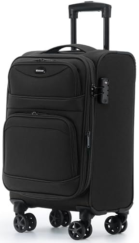 Münicase Stoffkoffer erweiterbar mit Frontfächern,15% Extra-Volumen, TSA-Schloss, 360° Doppelrollen & verdecktem Namensschild (Schwarz, Koffer M (55 cm) erweiterbar)