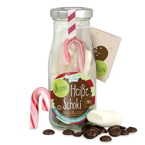 Der Zuckerbäcker DIY vegane heiße Schoki – vegane Schokolade mit veganen Marshmallows und Zuckerstange zum Selbermachen in hochwertiger Glas-Flasche, süße Geschenk-Idee zu Weihnachten und Nikolaus