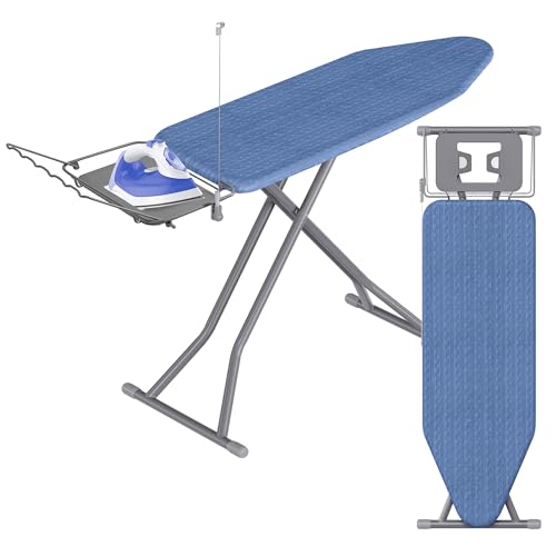SONGMICS Bügelbrett, 122 x 38 cm Bügelfläche, Bügeltisch höhenverstellbar, klappbar, mit Kabelhalter, Bügeleisenablage, Haken, für Dampfbügelstation, mitternachtsblau-Taubengrau LLB004QP01